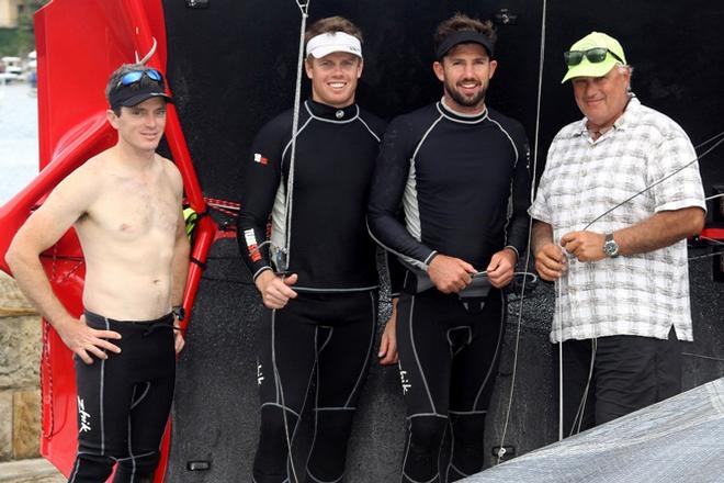 Team Manager Iain Murray with the winning Gotta Love It 7 crew of Seve Jarvin, Sam Newton and Scott Babbage 1 - 2015 JJ Giltinan 18ft Skiff Championship © Frank Quealey /Australian 18 Footers League http://www.18footers.com.au